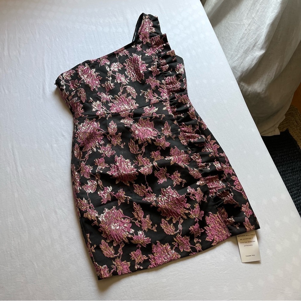 For Love And Lemons One Shoulder Dress in Black and Pink